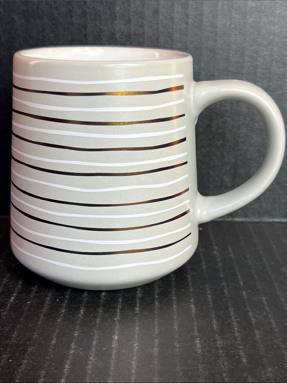 Light Gray Ceramic Mug with Metallic Goldand White Stripe Detail